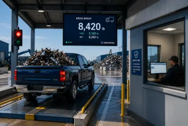Truck on an industrial scale with a digital weight display