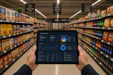 Store manager reviewing sales and inventory on a tablet in a grocery aisle