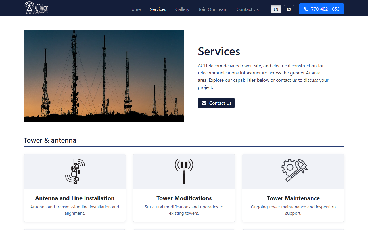 ACTtelecom services page on desktop