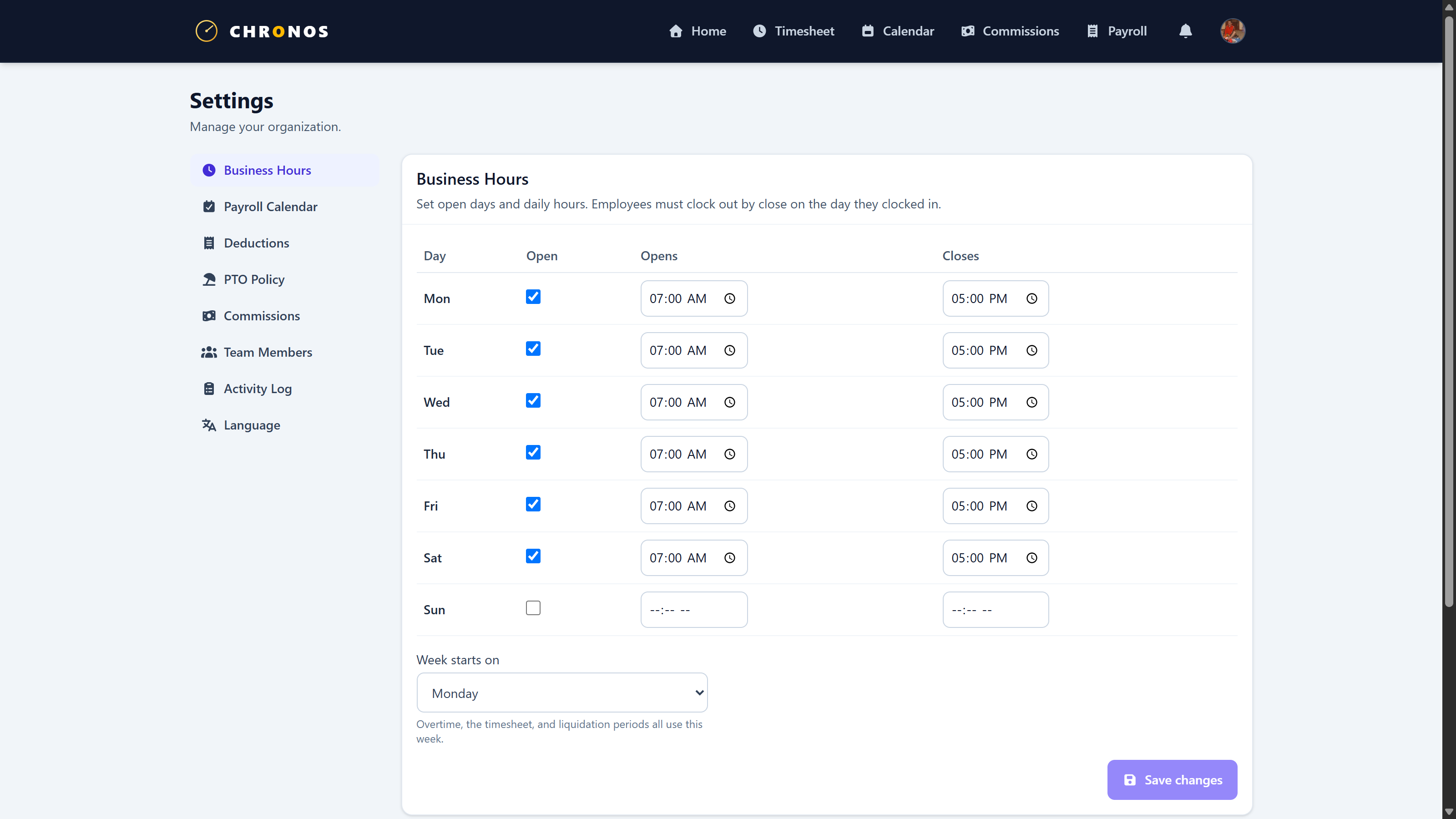 Configuración de horario comercial en Chronos