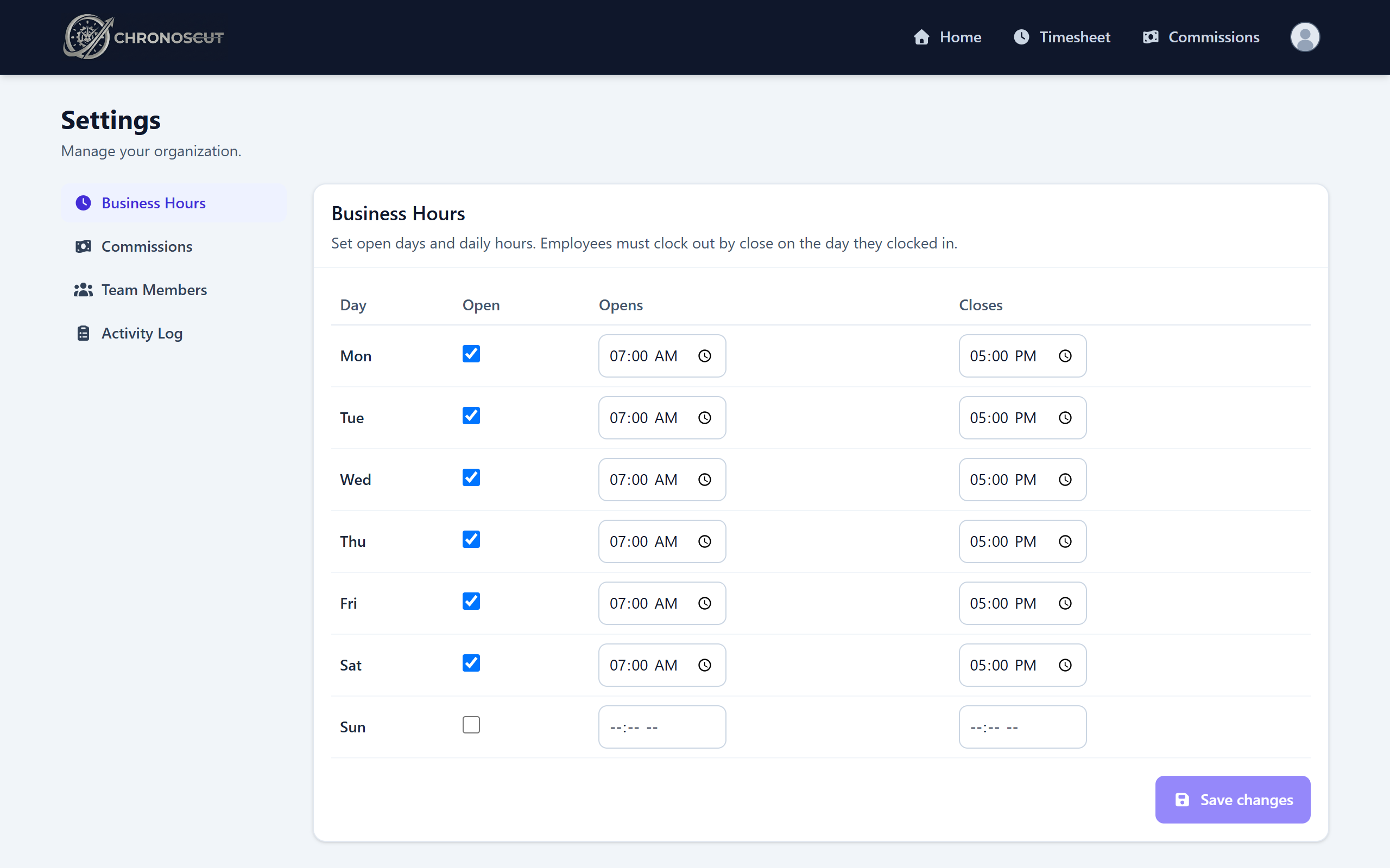 Configuración de horario comercial en ChronosCut