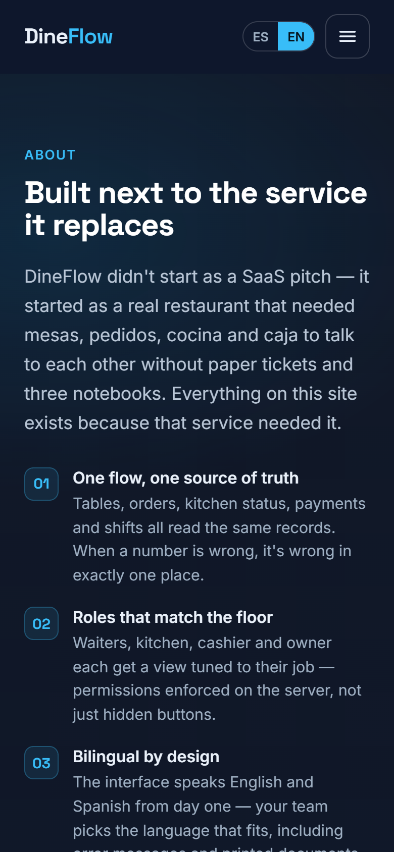 DineFlow about page on a phone