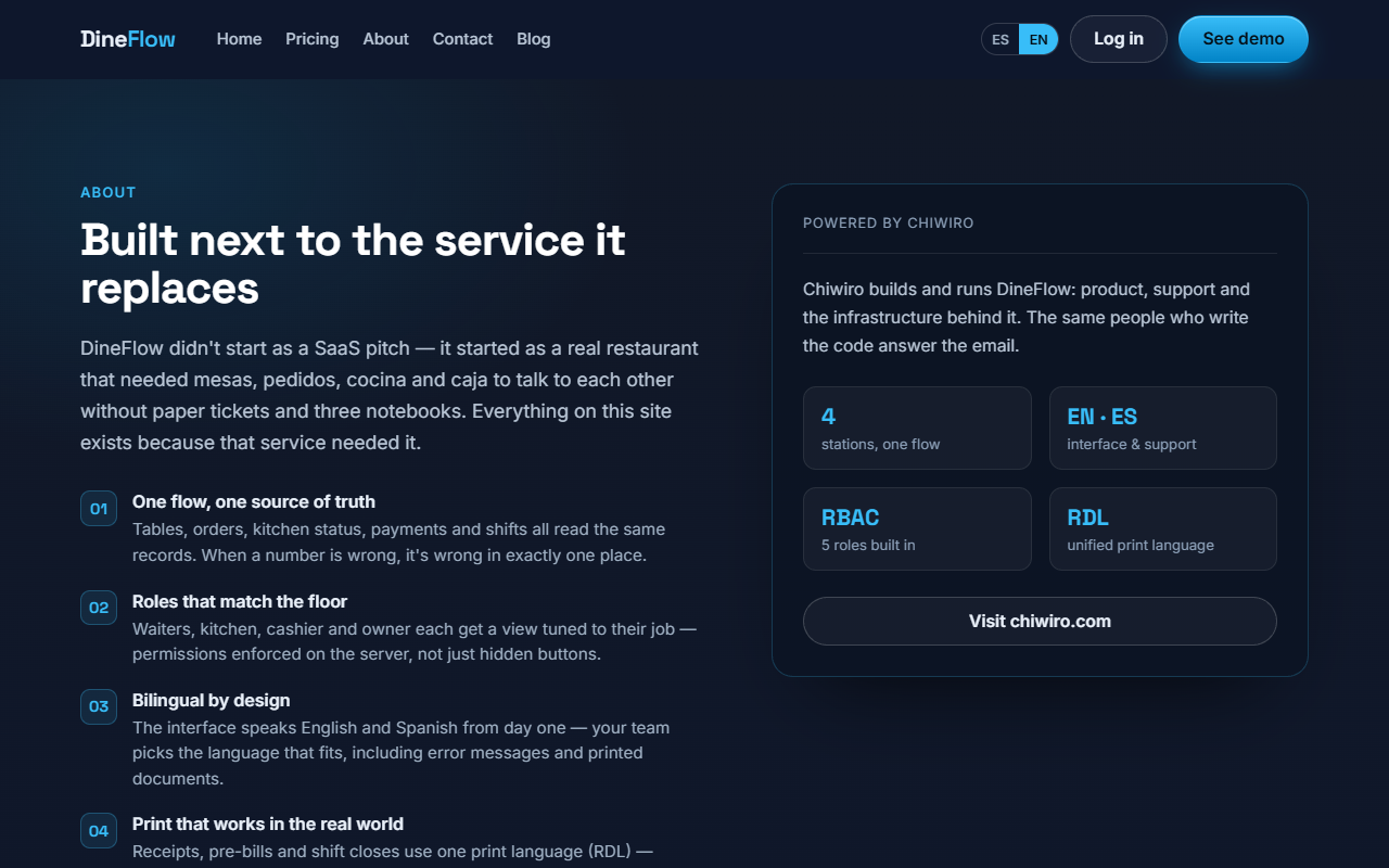 DineFlow about page on desktop