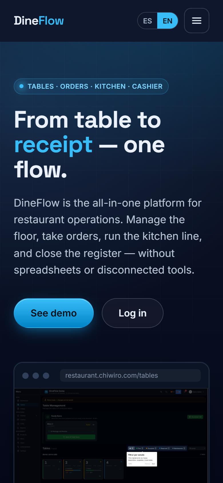 DineFlow home page on a phone