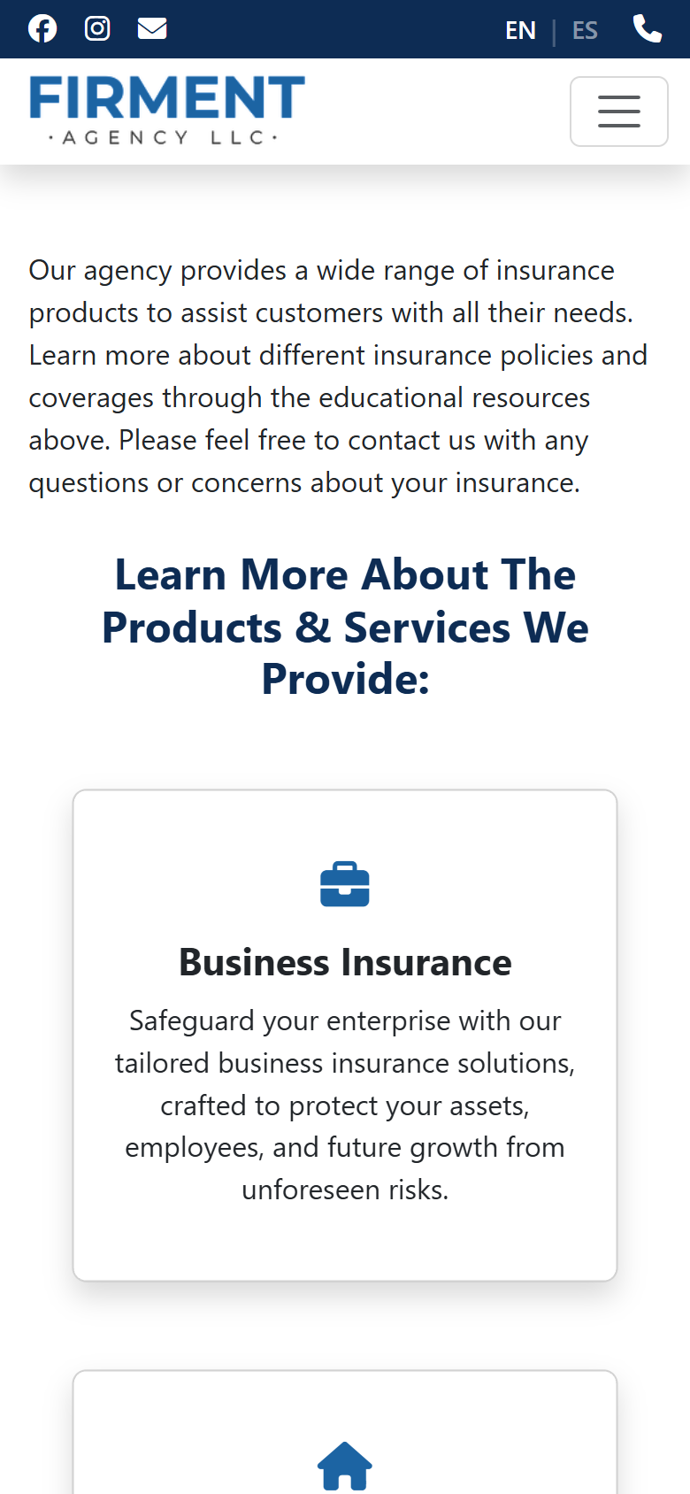 Firment Agency insurance products page on a phone