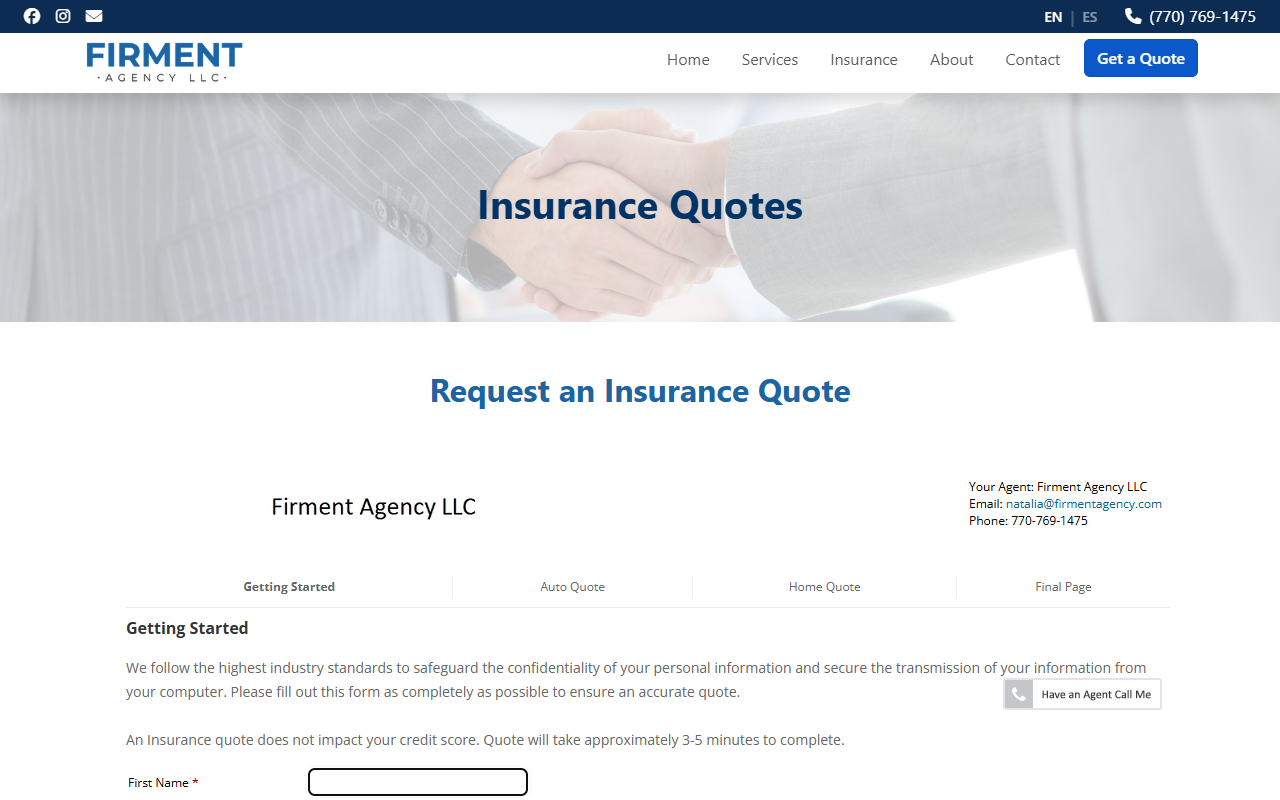 Firment Agency insurance quote request form on desktop