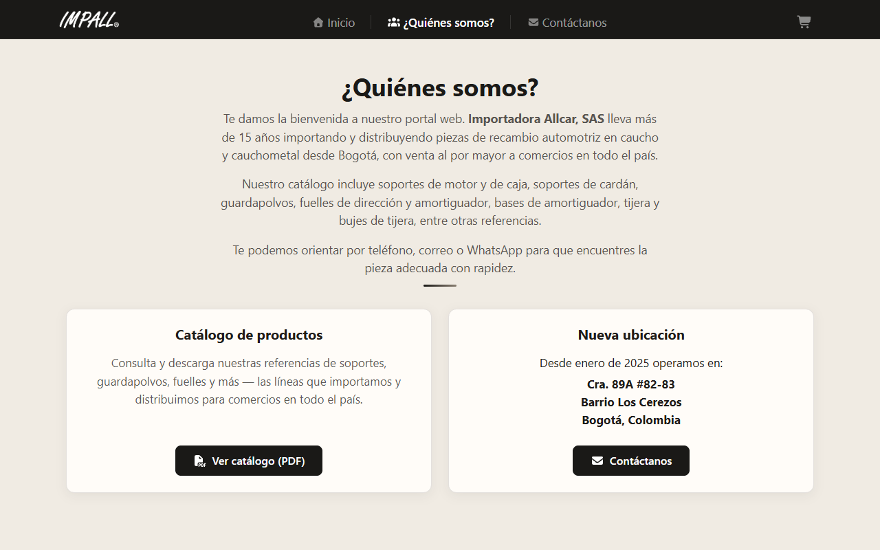 Impall about page with product catalog on desktop