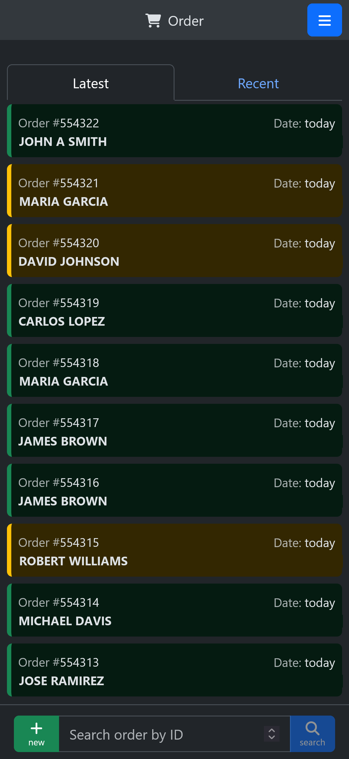 Lista de pedidos recientes en scrAPPy en un teléfono