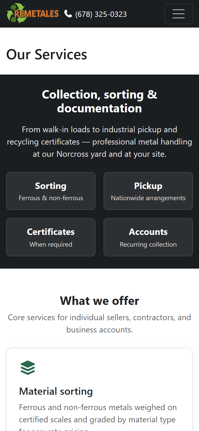 Remetales services page on a phone
