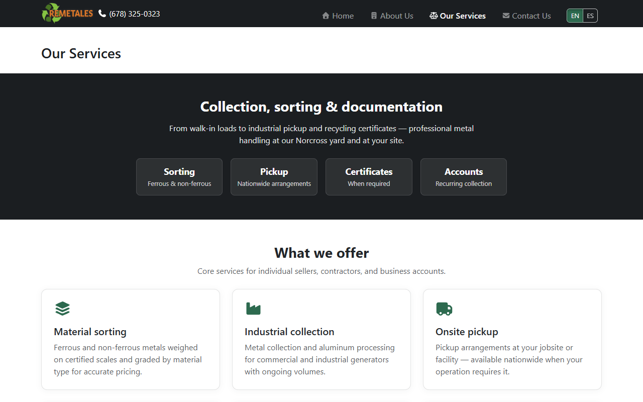 Remetales services page on desktop